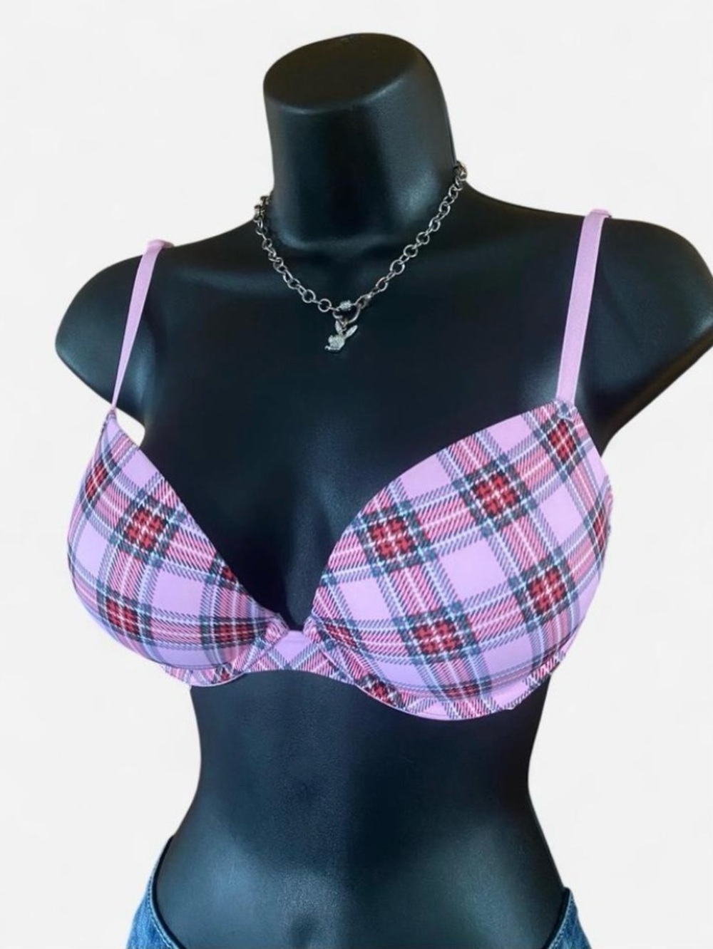 Victoria’s Secret PINK Wear Everywhere Super Push Up Pink Plaid Print Bra